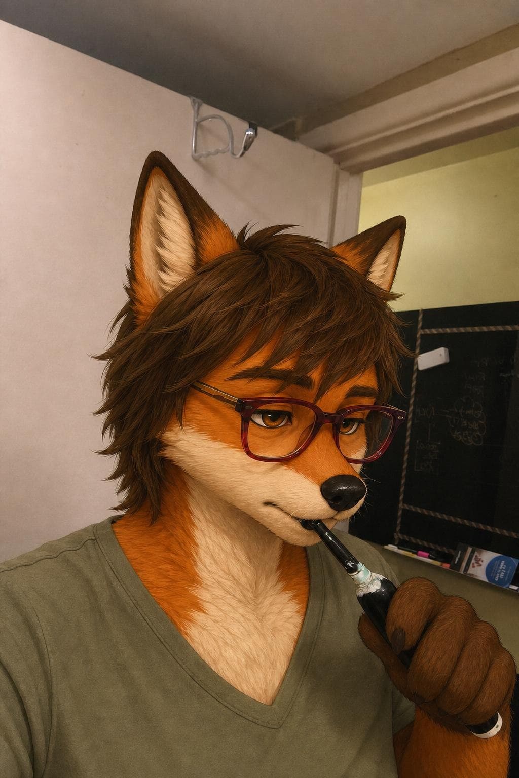 Moxie close up, showing her glasses, ears, hair, and face markings.