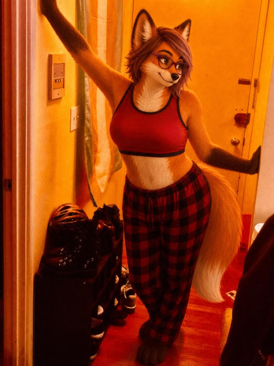 Moxie standing in a hallway, showing her full silhouette, tail, glasses, and orange fur.
